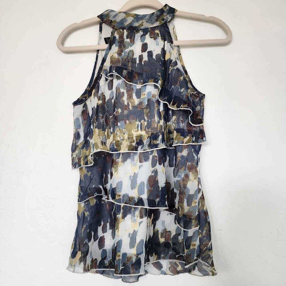 B Wear Halter Blouse Medium Blue Abstract Ruffle Layered Sheer Boho Top